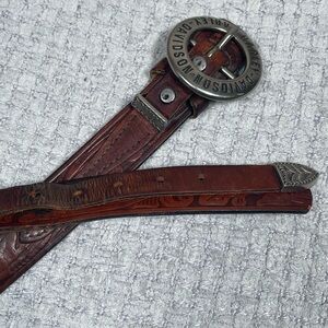 Harley Davidson Western Leather Tooled Silver Accents Belt Mens Size Small/36